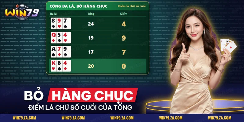 Ba lá bài cào và điểm còn lại sau khi bỏ hàng chục của tổng