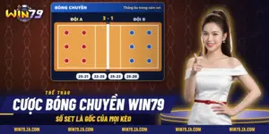 Cược bóng chuyền Win79 với sơ đồ hai đội ở hai bên lưới cùng bảng tỷ số set