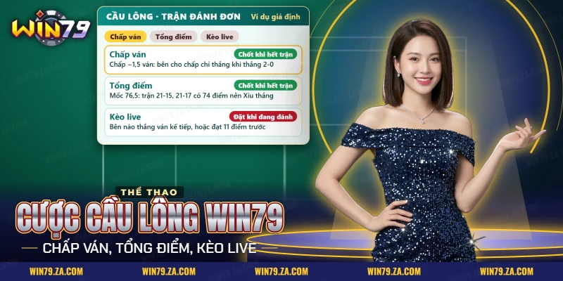 Cược cầu lông Win79 với ba kèo chấp ván, tổng điểm và kèo live của một trận đánh đơn