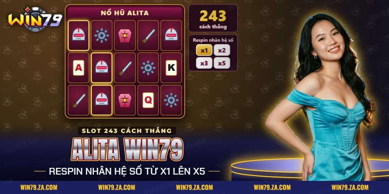 Cuộn quay nổ hũ Alita Win79 với mũ giáp, giáp ngực, kiếm và bánh răng trên lưới năm cuộn