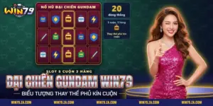Cuộn quay nổ hũ Đại Chiến Gundam Win79 với robot, khiên và tia sét trên lưới năm cuộn